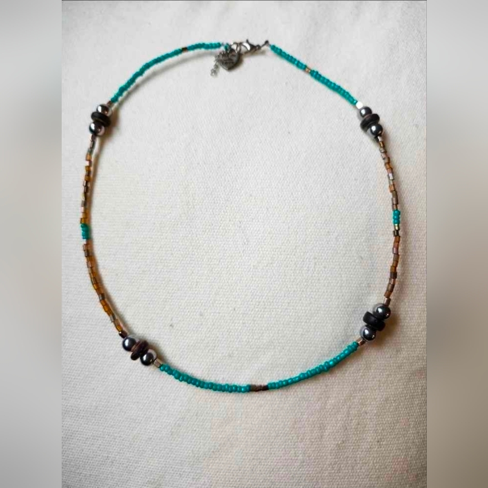 Simple Beaded Necklace with Turquoise and Brown Accents